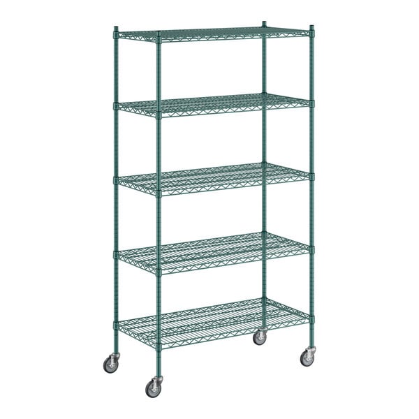 A Regency green wire shelving unit with wheels.