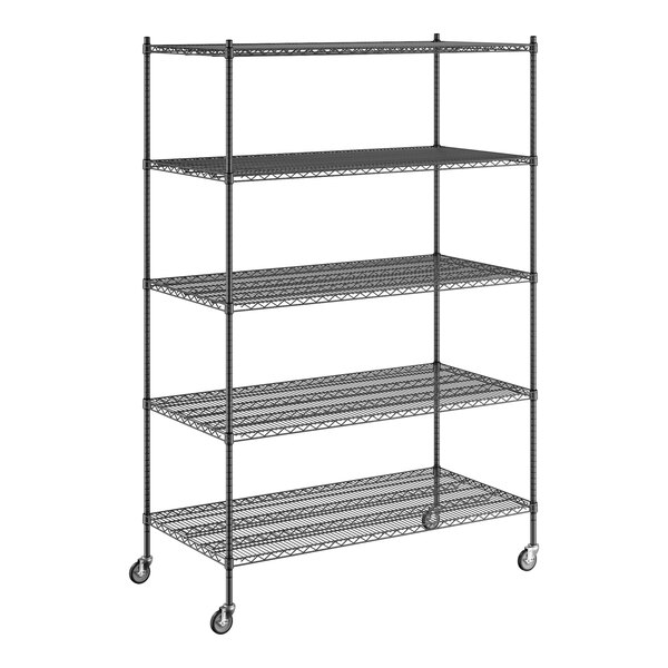 A Regency black wire shelving unit with wheels.