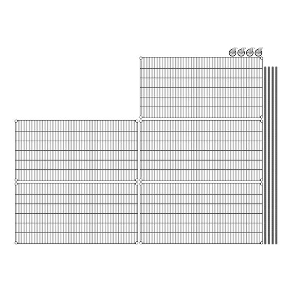 A close-up of a black grid similar to the Regency wire shelving grid with several rows of wires and a couple of holes.