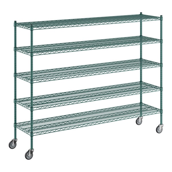 A Regency green metal wire shelving unit with wheels.