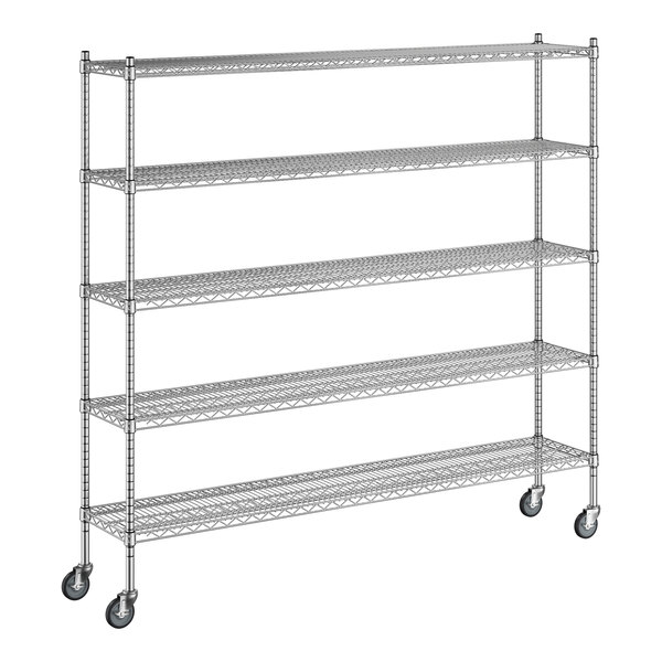 A Regency chrome wire shelving unit with wheels.