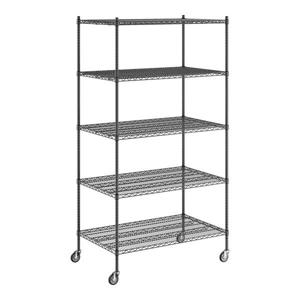 A Regency black wire shelving unit with wheels and five shelves.