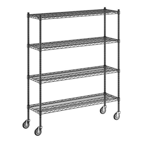 A Regency black wire shelving starter kit with wheels.