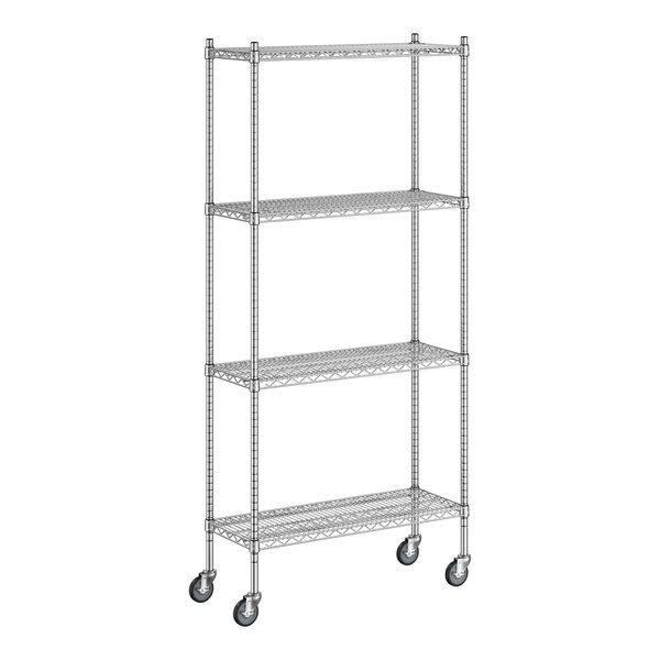 A Regency chrome wire shelving starter kit with wheels.