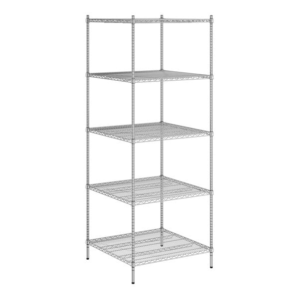 A wireframe of a Regency chrome stationary wire shelving unit with 5 shelves.