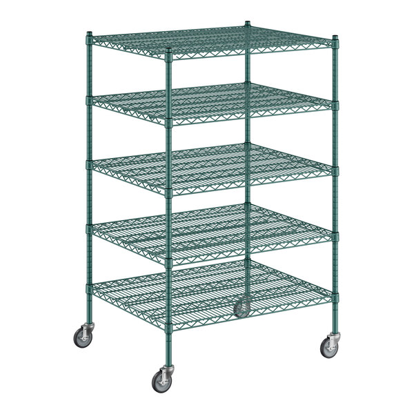 A Regency green wire shelving unit with five shelves.