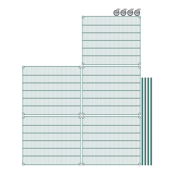 A drawing of a Regency wire shelving unit with green epoxy-coated metal bars.