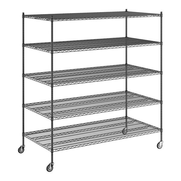 A Regency black wire shelving starter kit with wheels and five shelves.