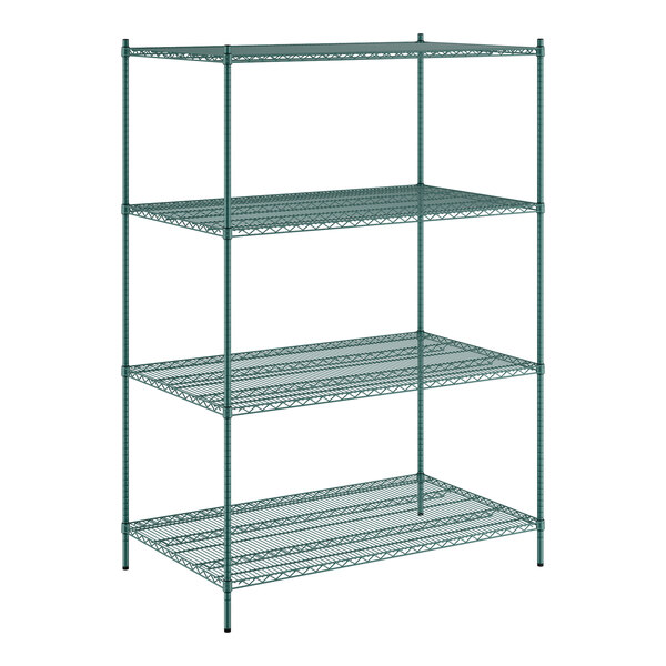 A green metal Regency wire shelving unit with four shelves.