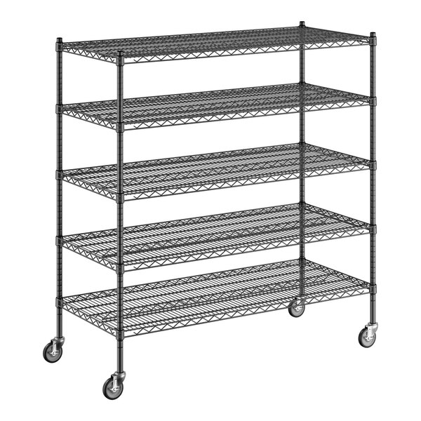 A black metal Regency wire shelving unit with four shelves.