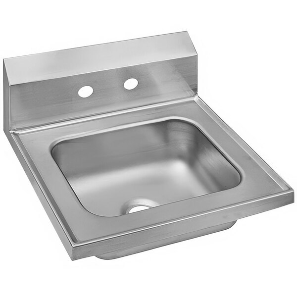 A stainless steel Zurn Elkay wall mounted hand sink with two holes.