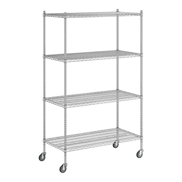 A Regency stainless steel wire shelving unit with four shelves.