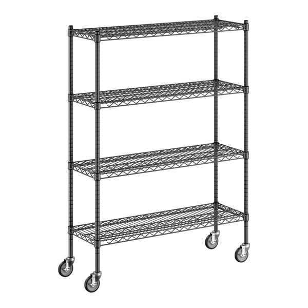 A black wire shelving unit with wheels.