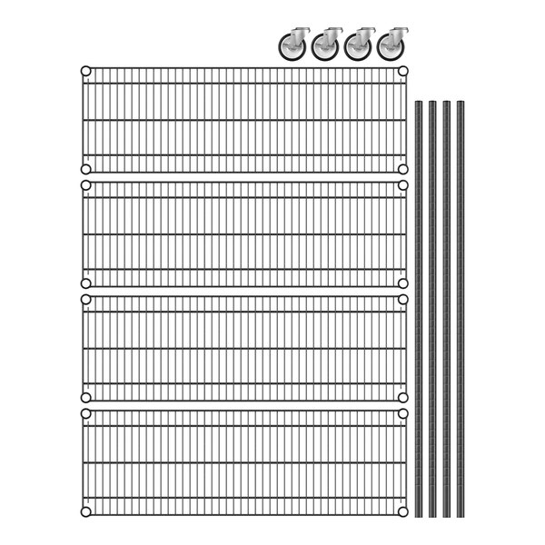 A close-up of a Regency black wire shelving rack with wheels and metal rods.