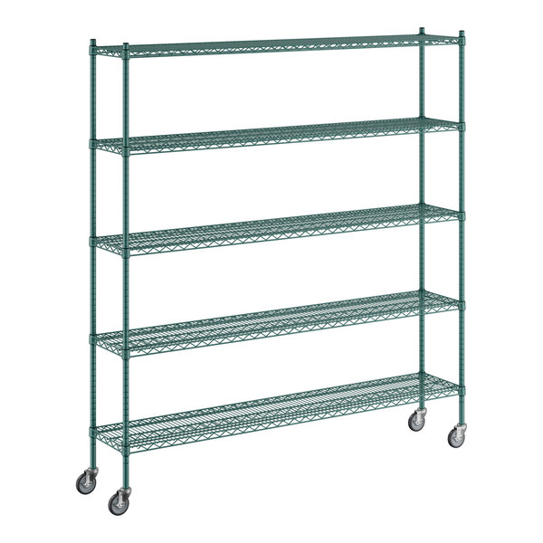 A green metal Regency wire shelving unit with wheels.