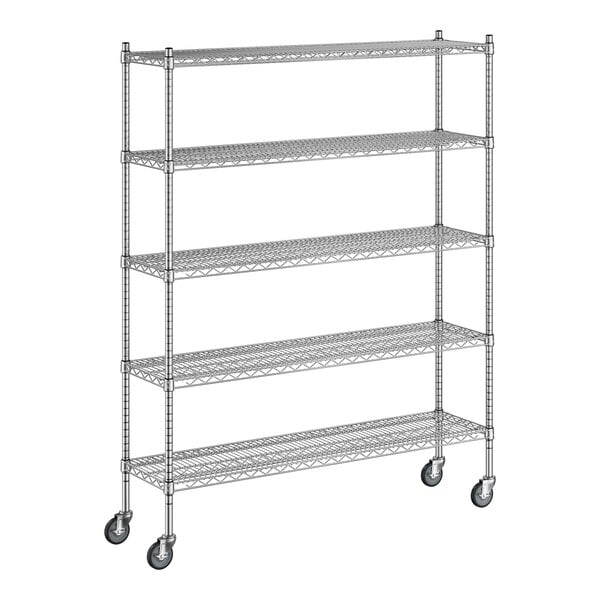 A Regency chrome wire shelving unit with wheels.