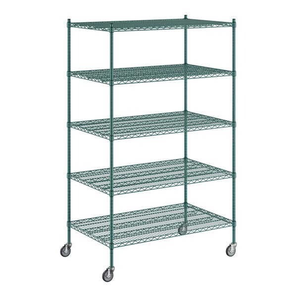 A green metal wire Regency shelving unit with wheels.