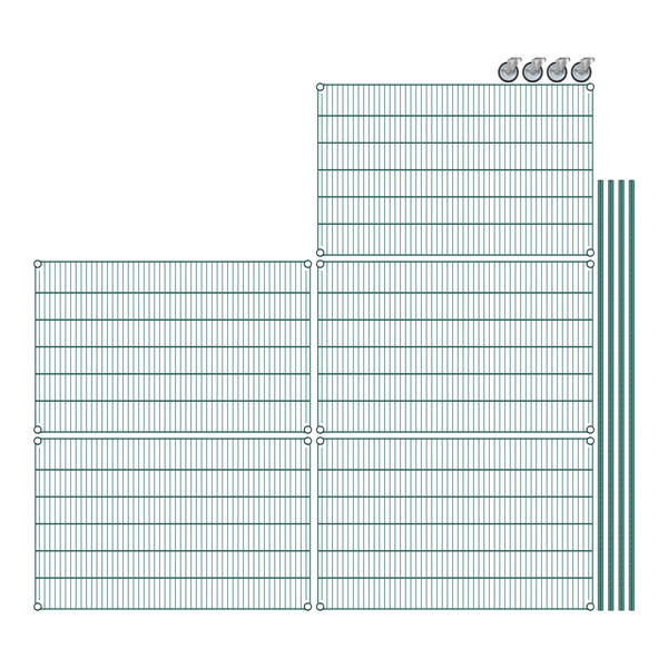 A Regency mobile wire shelving starter kit with green epoxy coating and five shelves.