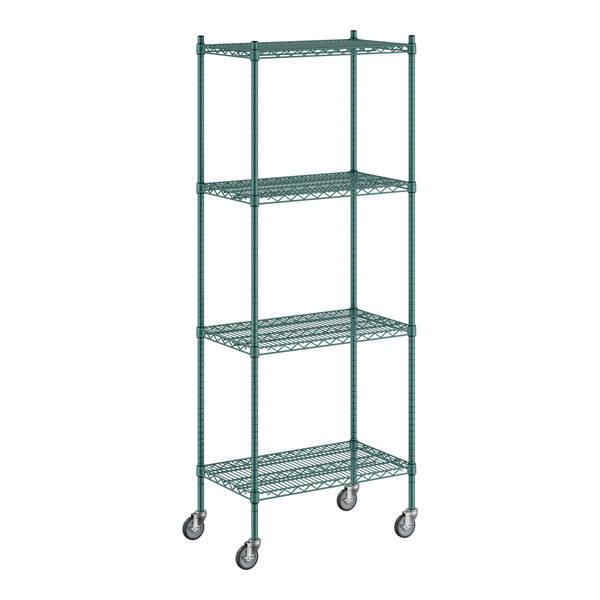 A Regency green wire shelving unit with wheels.