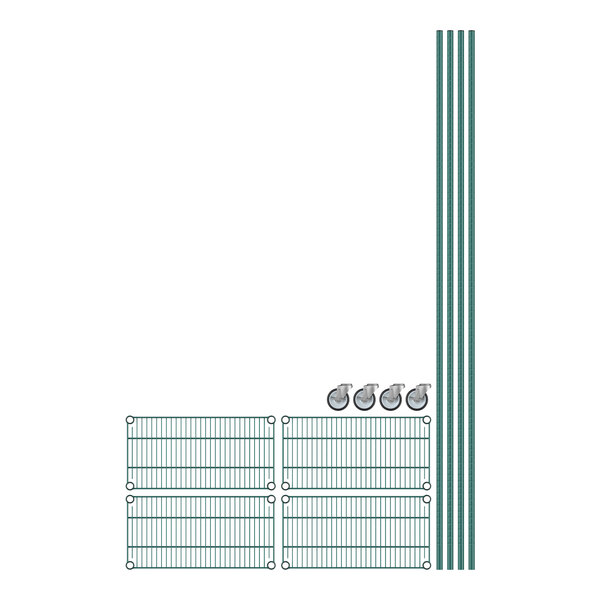 A Regency green epoxy wire shelving unit with metal bars.