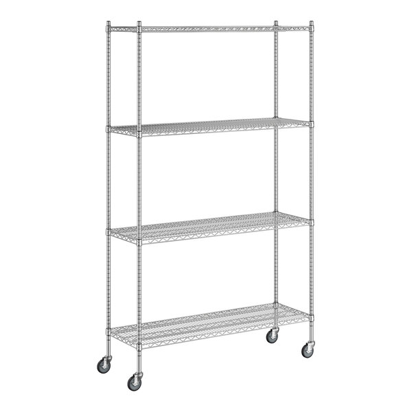 A Regency chrome wire shelving unit with wheels.