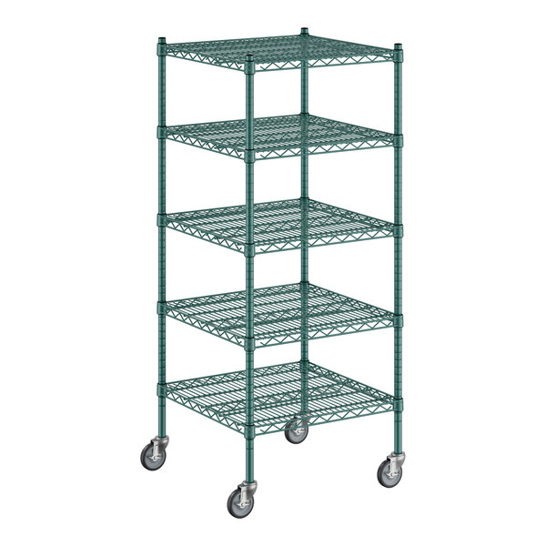 A Regency green wire shelving unit with wheels.