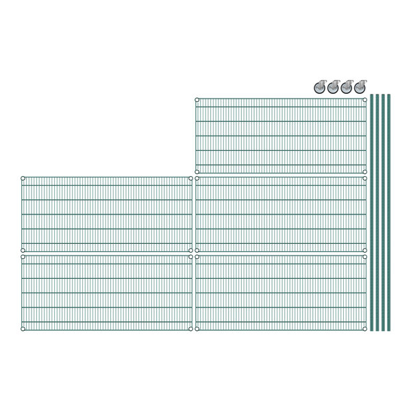 A grid with several rows of green wire shelves.