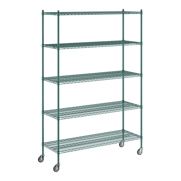 A green metal Regency wire shelving unit with wheels.