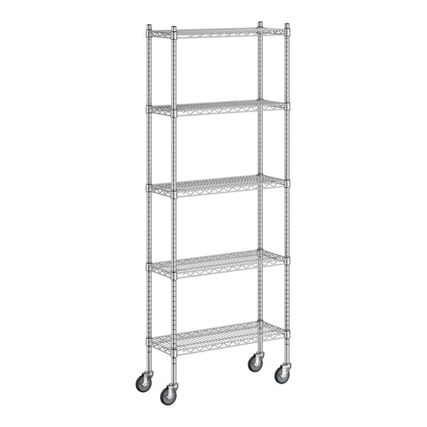 A Regency chrome mobile wire shelving unit with 5 shelves and wheels.