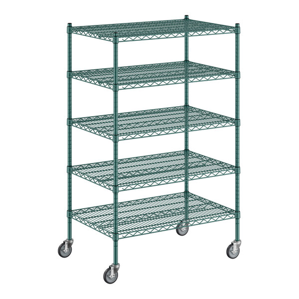 A green wire shelving unit with five shelves.