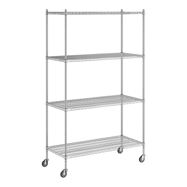 A Regency chrome wire shelving unit with wheels.