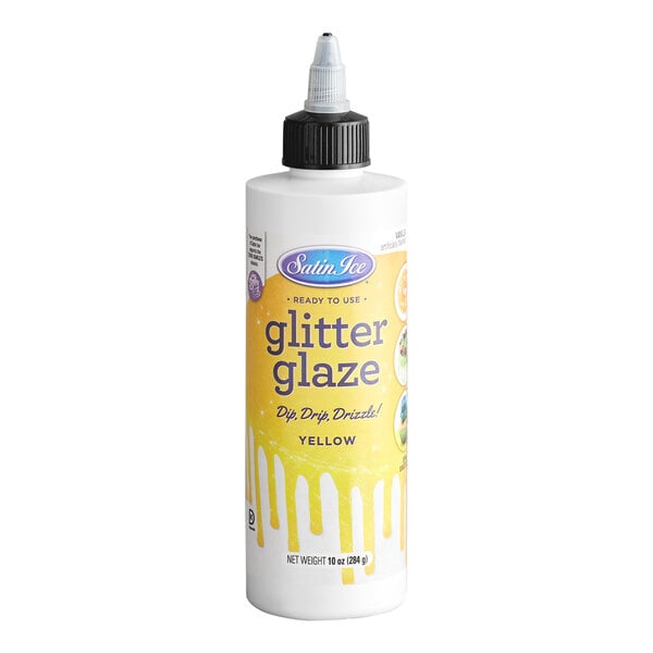 A bottle of Satin Ice yellow vanilla glitter glaze in a 10 oz size.