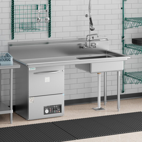 A Regency stainless steel dishtable with a left drainboard.