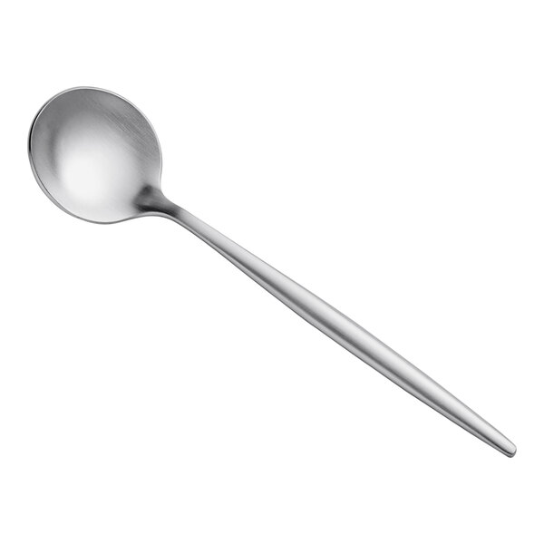 An Acopa Odin stainless steel demitasse spoon with a long handle.