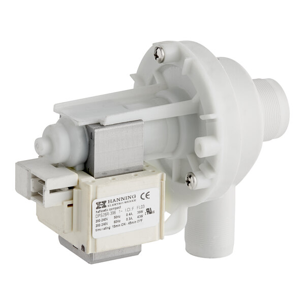 A white draining pump for commercial dishwashers, featuring an electric motor and labeled specifications.