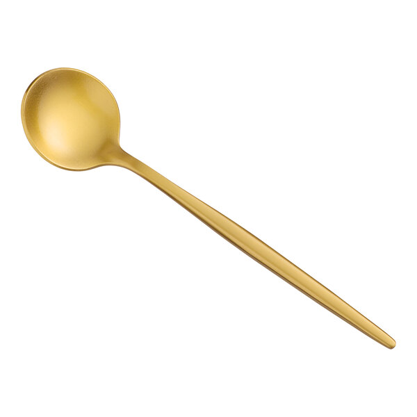 An Acopa Odin gold stainless steel demitasse spoon with a long handle.