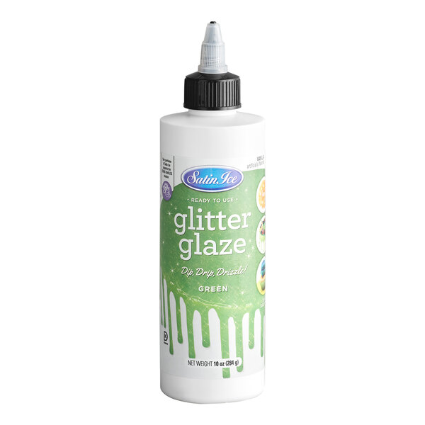 A bottle of Satin Ice green vanilla glitter glaze in a 10 oz size.