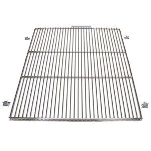 A stainless steel wire shelf with a grid on it.