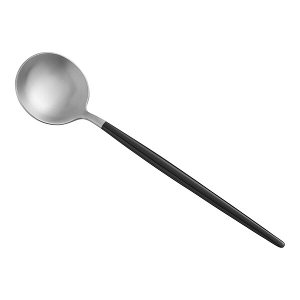 An Acopa Odin stainless steel bouillon spoon with a black handle and silver bowl.