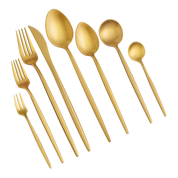 A close-up of an Acopa Odin gold stainless steel dinner fork.