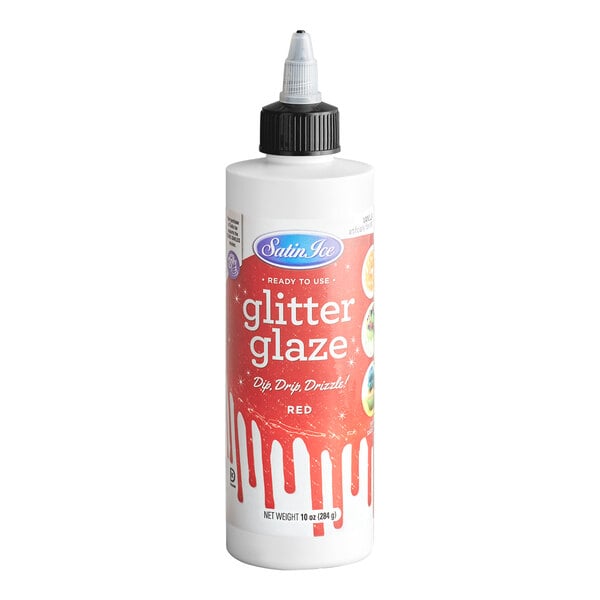 A bottle of Satin Ice red vanilla glitter glaze in a 10 oz size.