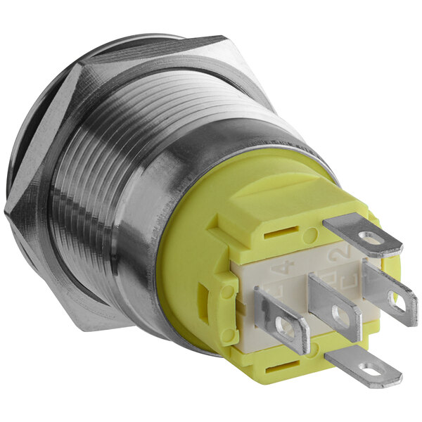 A MainStreet Equipment power on button with a silver and yellow switch and yellow wire.