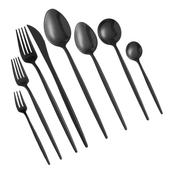 A close-up of several black Acopa Odin bouillon spoons.