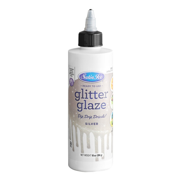 A bottle of Satin Ice Silver Vanilla Glitter Glaze in a 10 oz size.