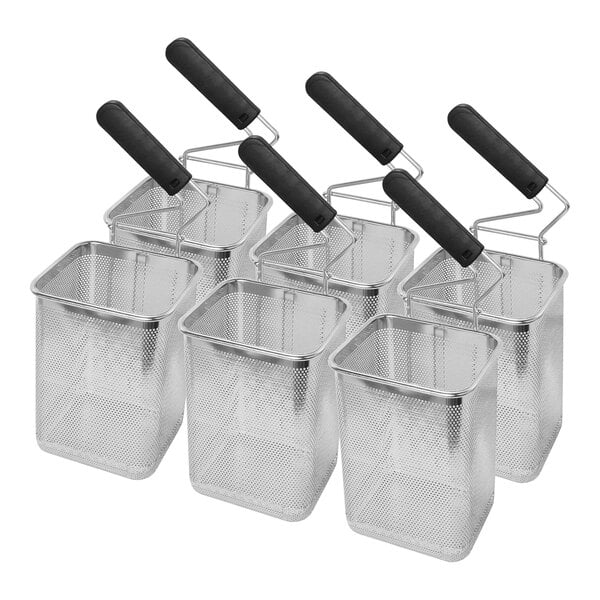 A set of six rectangular stainless steel pasta cooker baskets with black handles.
