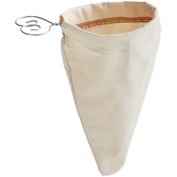 A white triangular bag with a wire holder.