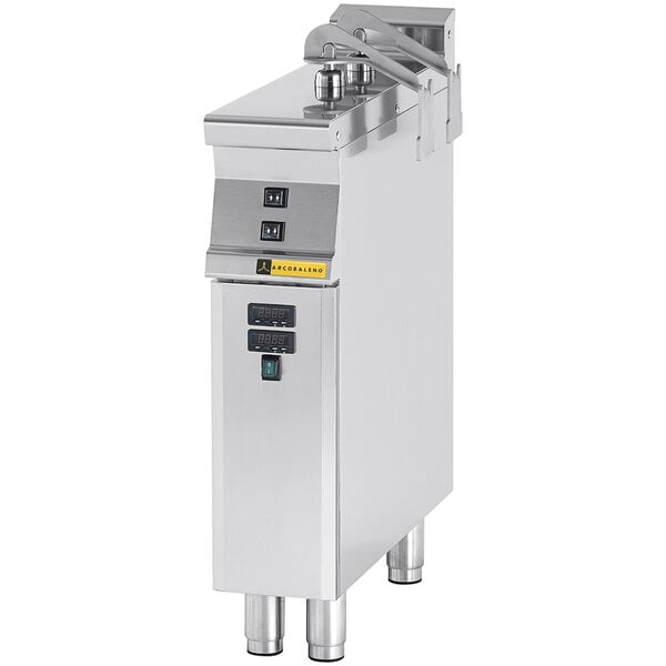 A close-up of the Arcobaleno Tatiana Electric Two-Lift Automatic Basket Lift for pasta cookers with buttons and a handle.