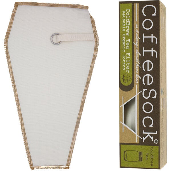 A brown box with white text for CoffeeSock Cold Brew Tea Filter.