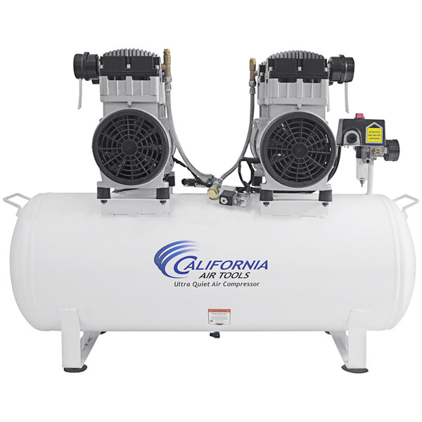 A white California Air Tools air compressor with two pumps.