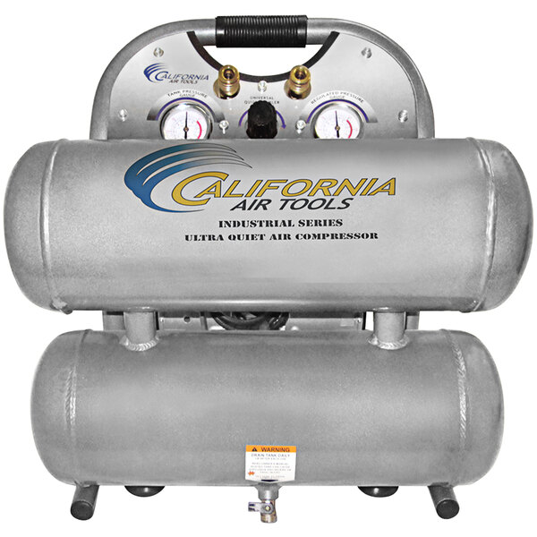 A grey California Air Tools air compressor with two tanks and two cylinders.